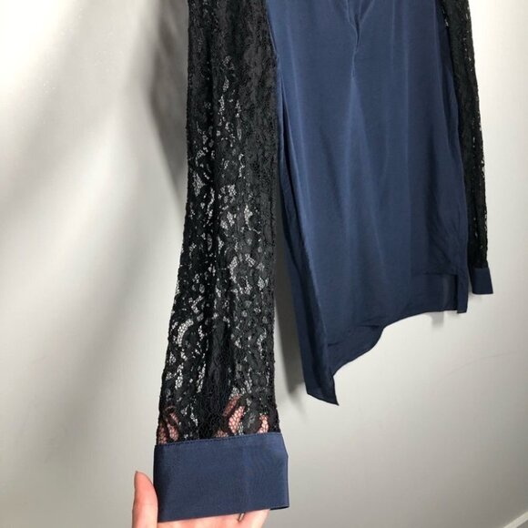 REBECCA Taylor Navy Silk Shirt with Black Lace Sleeves & Leather Collar Size 4 - Picture 3 of 6